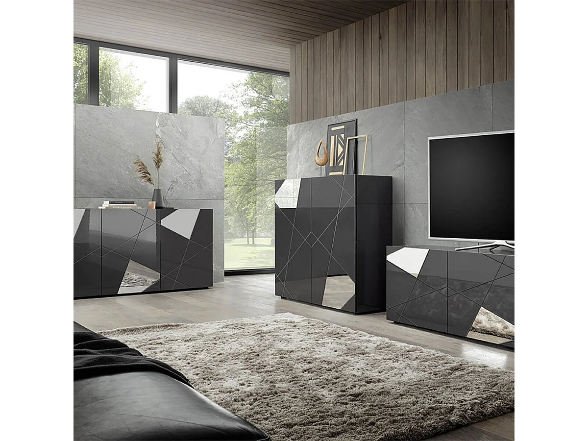 ORIANA - Ensemble Salon Gris Carbone avec Sérigraphies et Miroirs