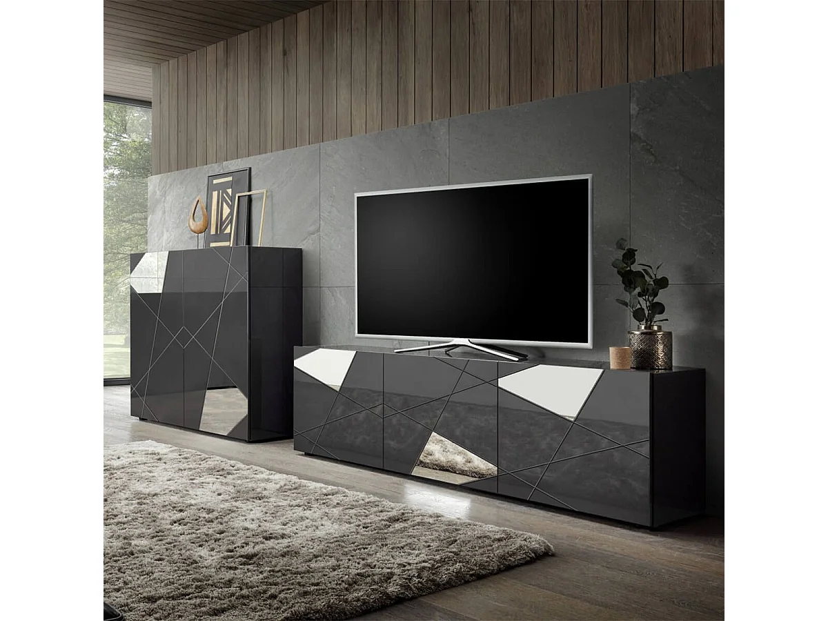 ORIANA - Ensemble Salon Gris Carbone avec Sérigraphies et Miroirs