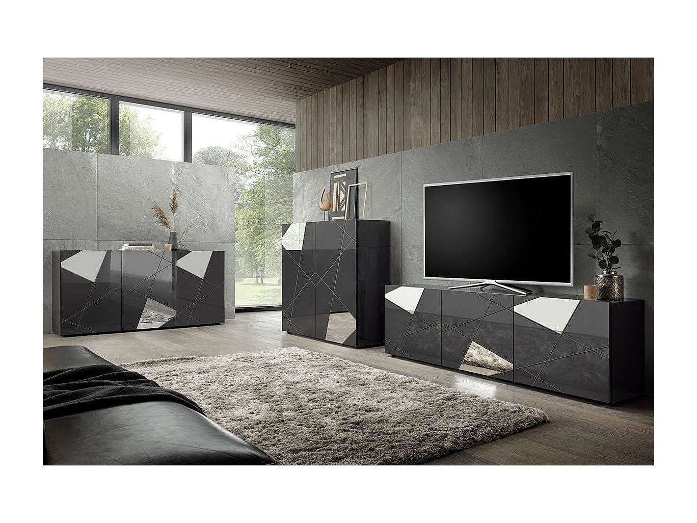 ORIANA - Ensemble Salon Gris Carbone avec Sérigraphies et Miroirs