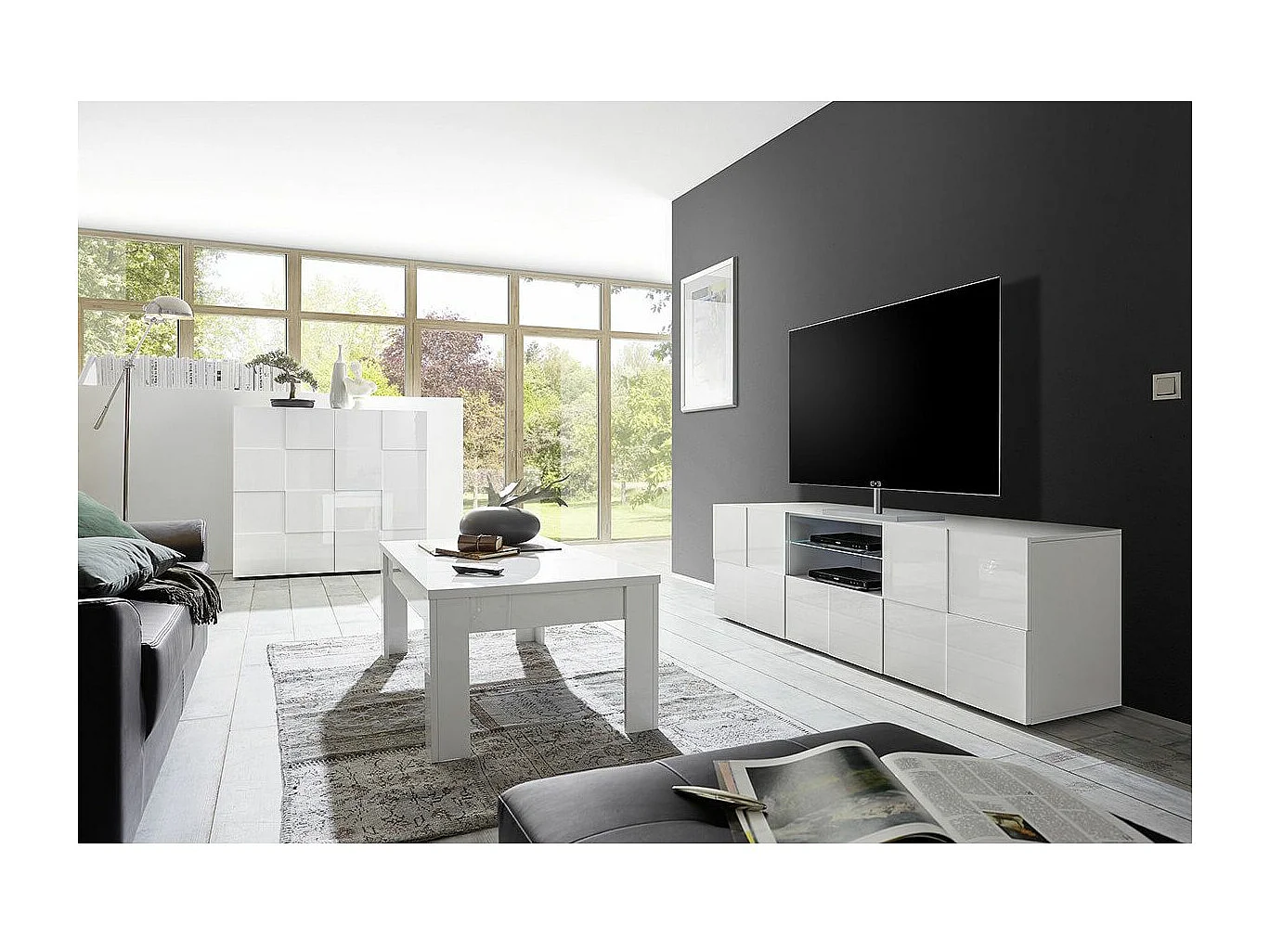 REBECCA - Ensemble Salon complet Meuble TV 181 cm Blanc Laqué Weiss Relief Damiers