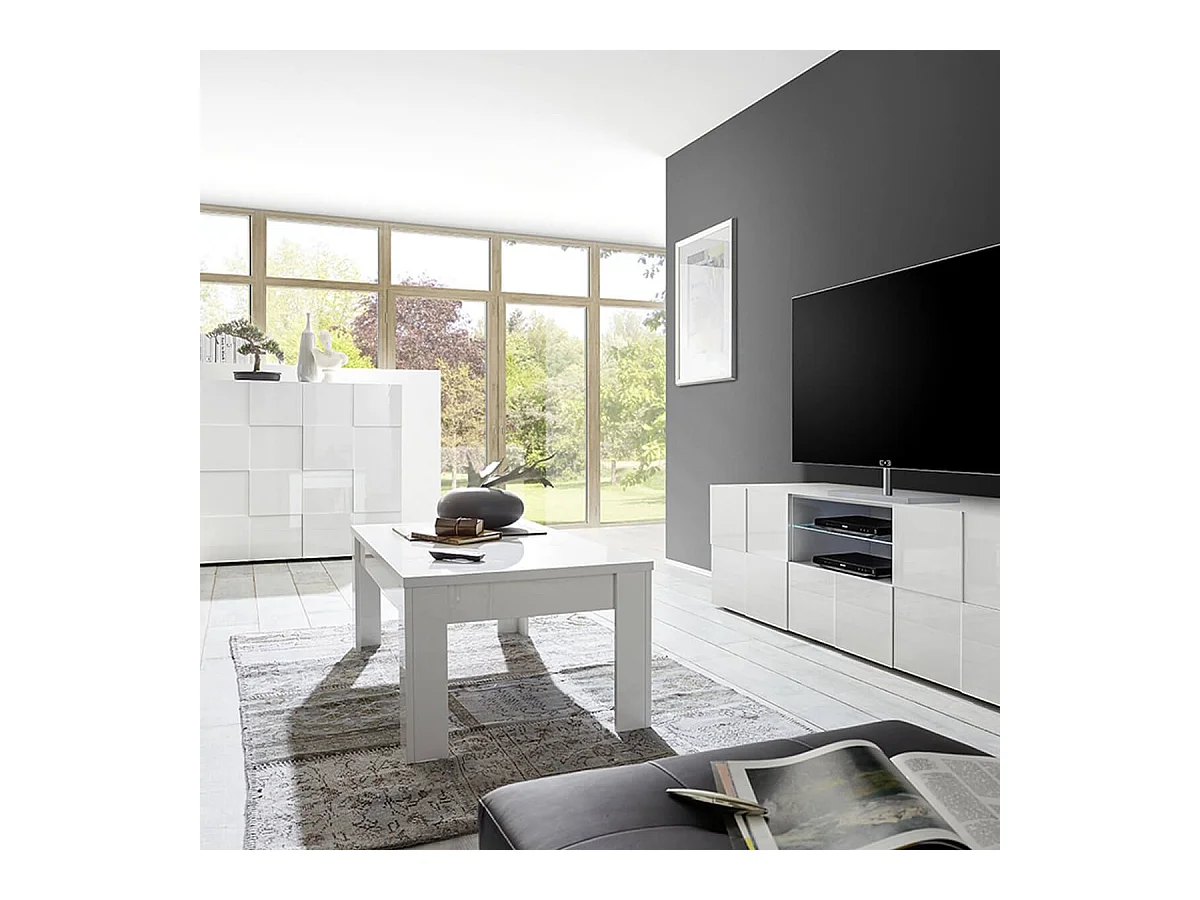 REBECCA - Ensemble Salon complet Meuble TV 181 cm Blanc Laqué Weiss Relief Damiers