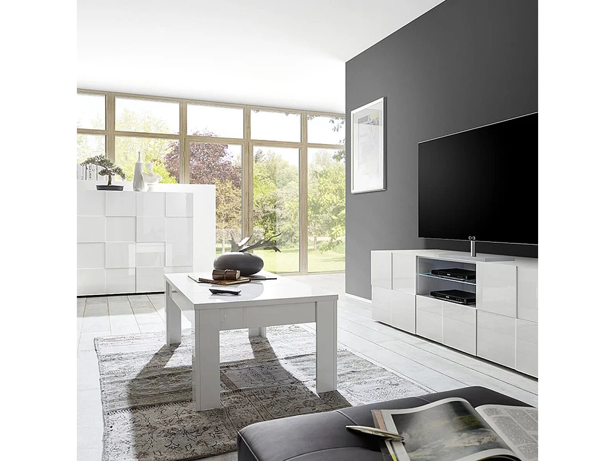 REBECCA - Ensemble Salon complet Meuble TV 181 cm Blanc Laqué Weiss Relief Damiers