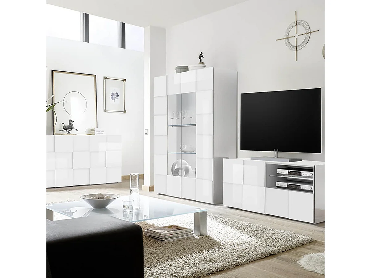 REBECCA - Ensemble Salon Meuble TV 121 cm Blanc Laqué Weiss Relief Damiers
