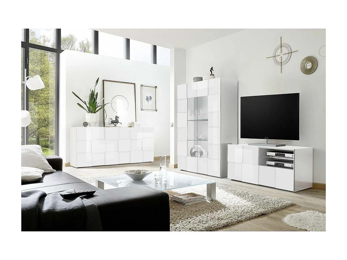 REBECCA - Ensemble Salon Meuble TV 121 cm Blanc Laqué Weiss Relief Damiers