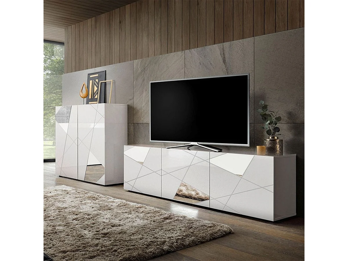 ORIANA - Ensemble Salon Finition Blanc Laqué avec Sérigraphies et Miroirs
