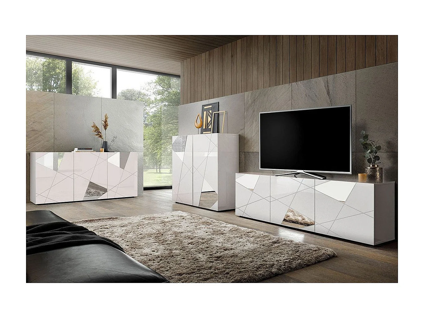 ORIANA - Ensemble Salon Finition Blanc Laqué avec Sérigraphies et Miroirs