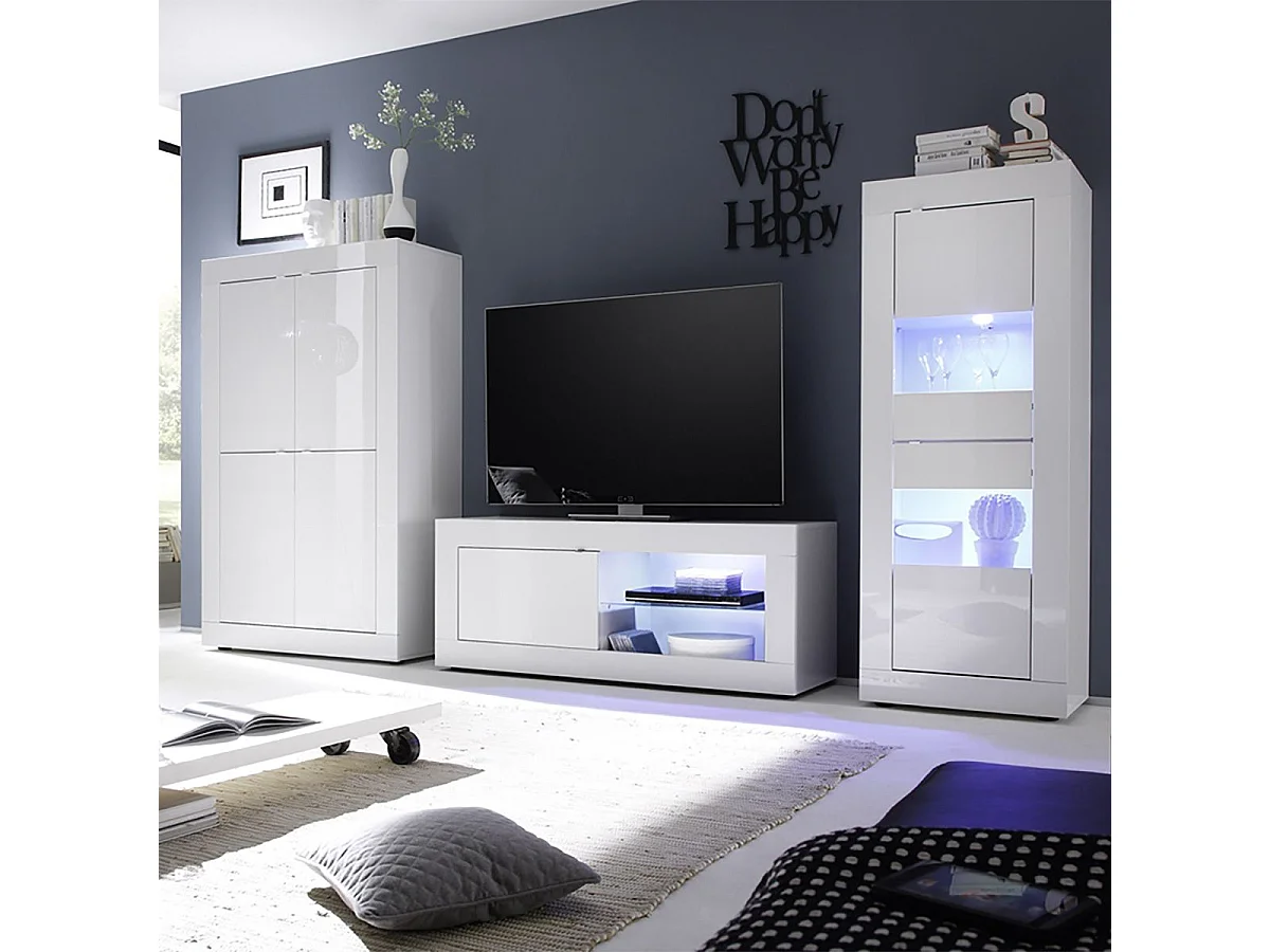 OTELLO - Ensemble Salon avec Vitrine 2 Portes Finition Blanc Laqué Weiss avec Leds