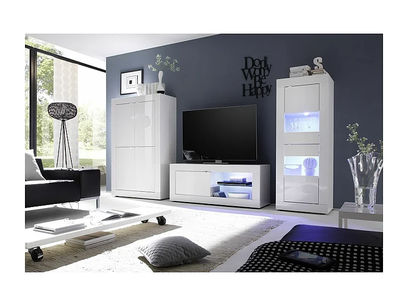 OTELLO - Ensemble Salon avec Vitrine 2 Portes Finition Blanc Laqué Weiss avec Leds