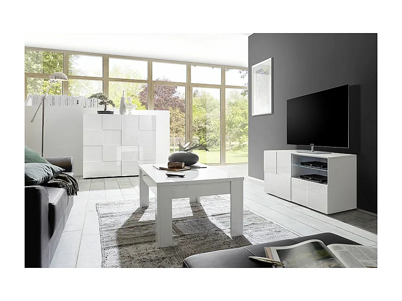 REBECCA - Ensemble Salon complet Meuble TV 121 cm Blanc Laqué Weiss Relief Damiers