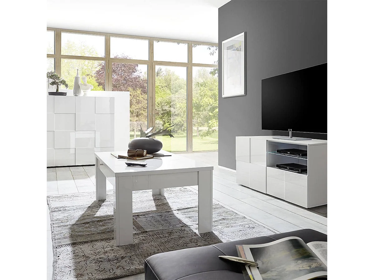REBECCA - Ensemble Salon complet Meuble TV 121 cm Blanc Laqué Weiss Relief Damiers