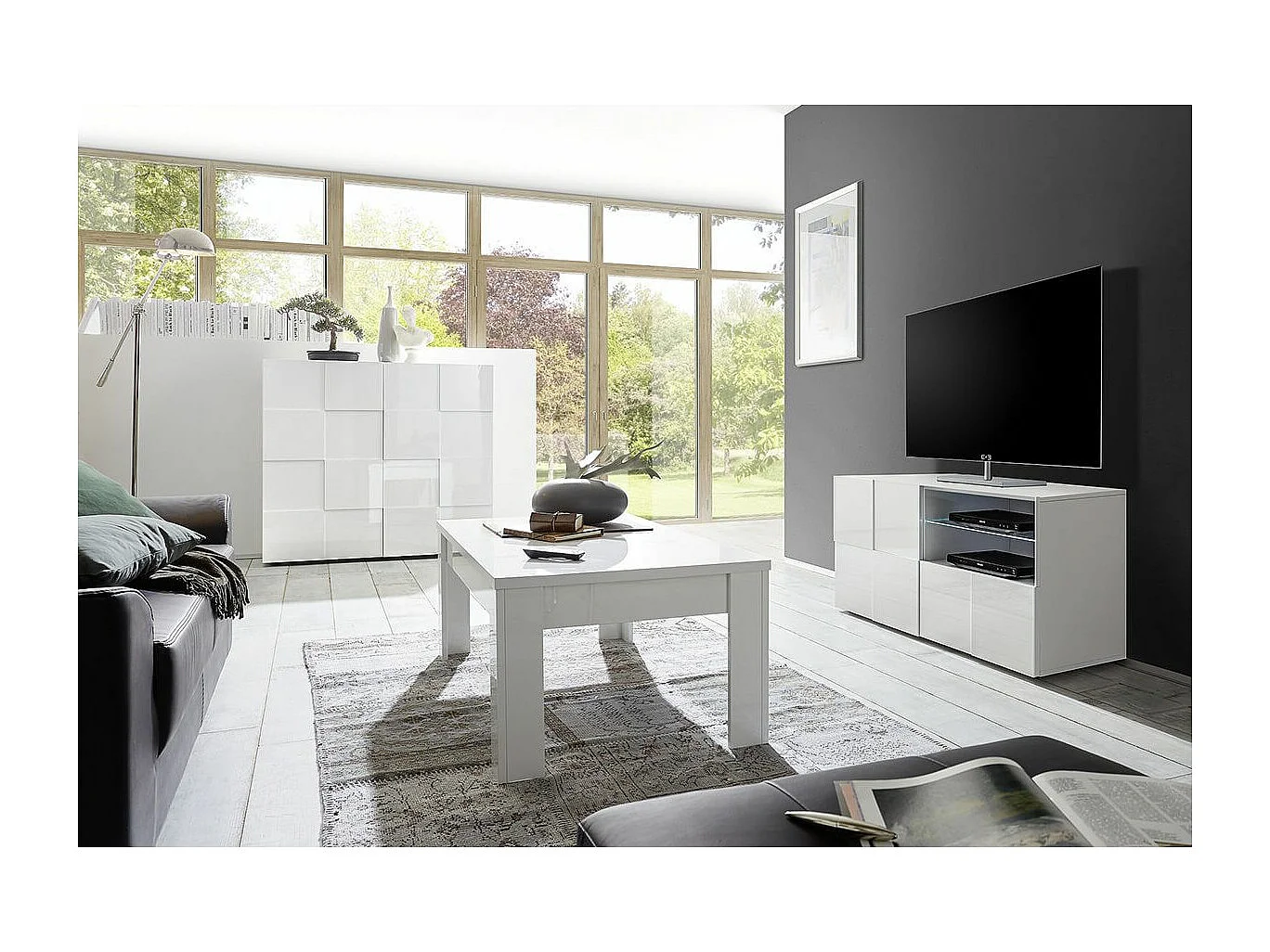 REBECCA - Ensemble Salon complet Meuble TV 121 cm Blanc Laqué Weiss Relief Damiers