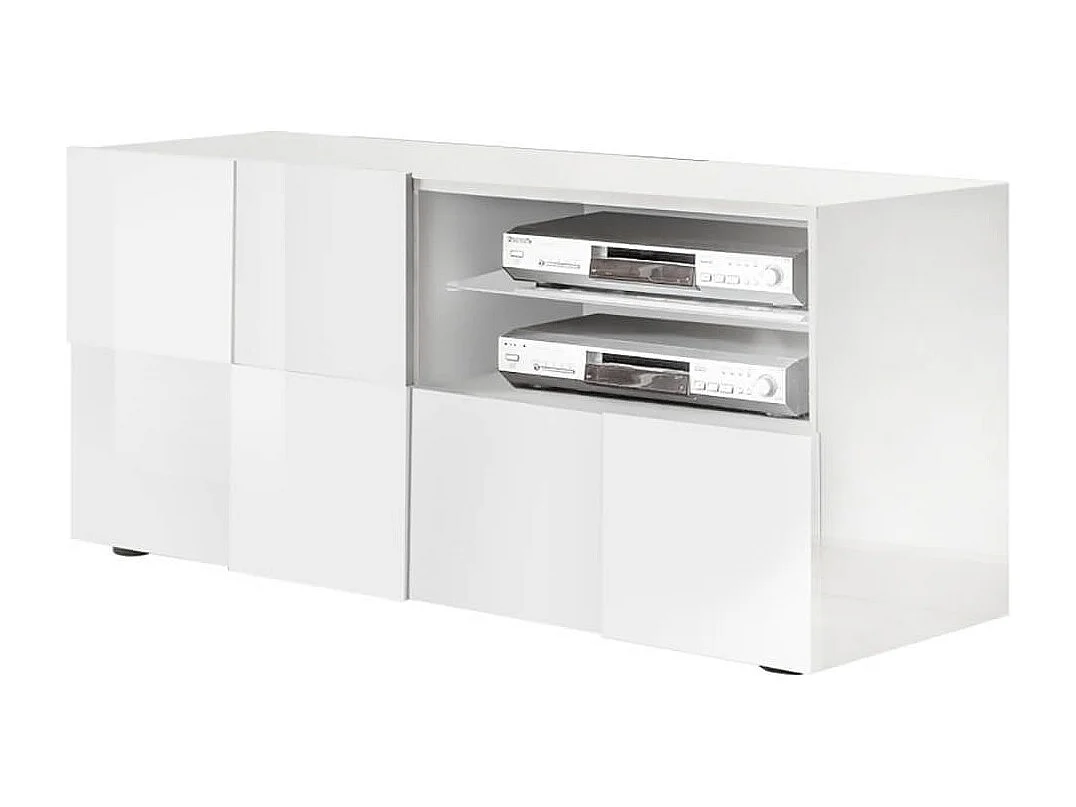 REBECCA - Ensemble Salon complet Meuble TV 121 cm Blanc Laqué Weiss Relief Damiers