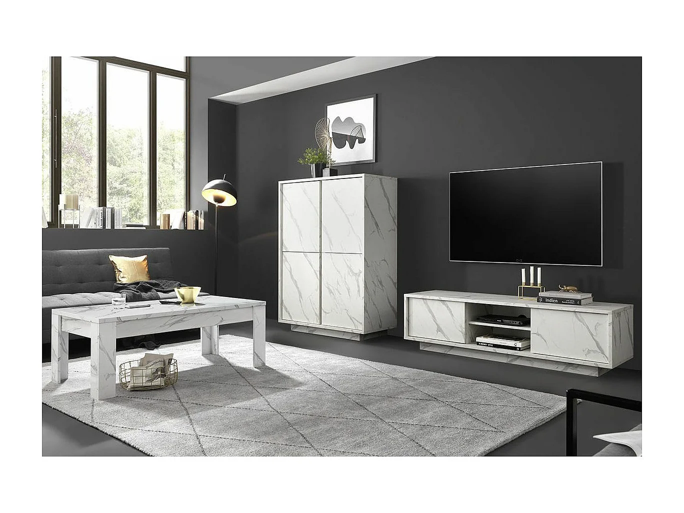 PIRALIA - Ensemble Salon complet Aspect Marbre Blanc