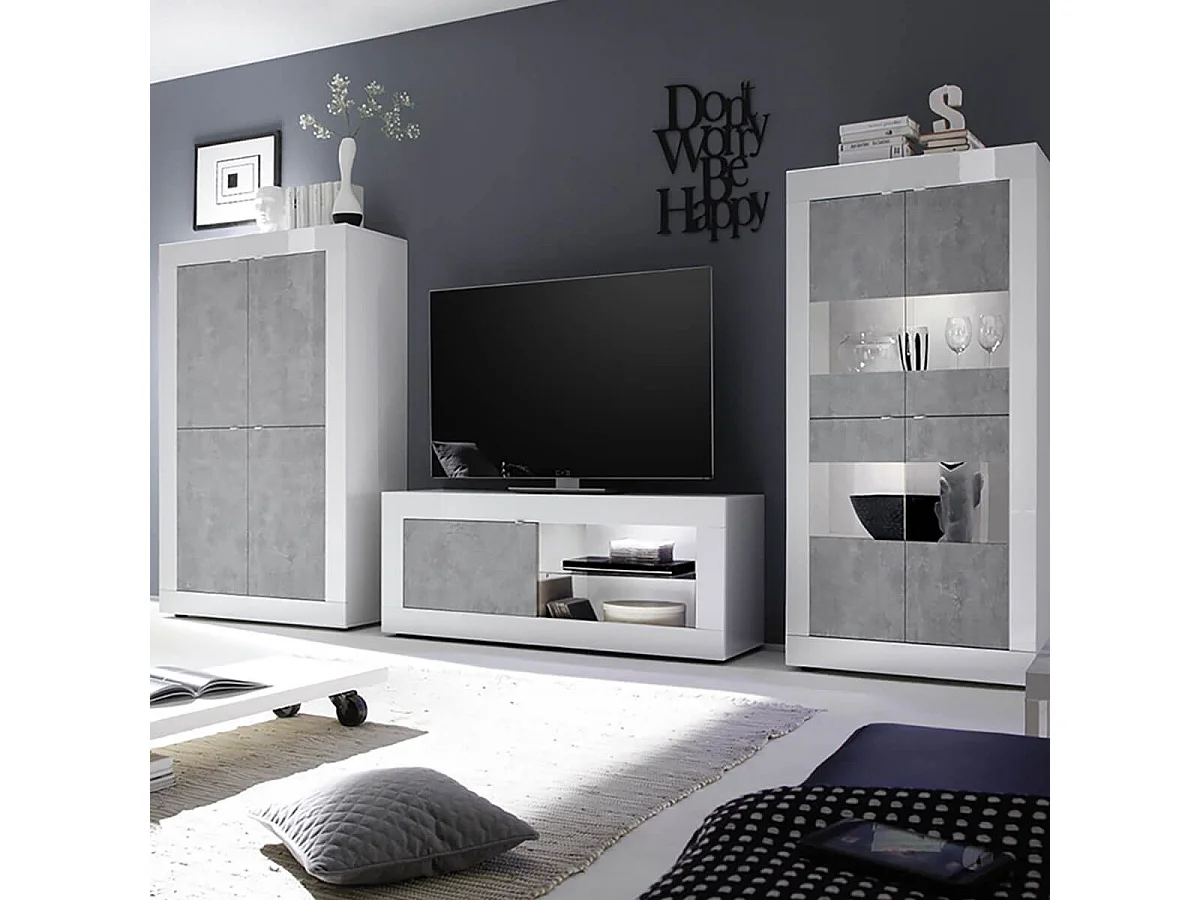 OTELLO - Ensemble Salon Finition Blanc Laqué et Aspect Béton avec Leds