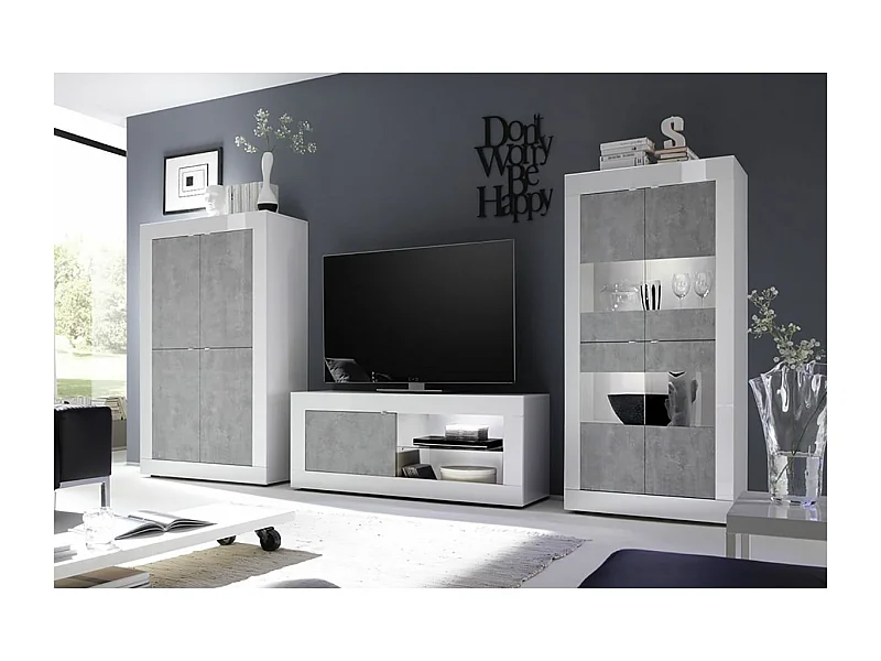 OTELLO - Ensemble Salon Finition Blanc Laqué et Aspect Béton avec Leds