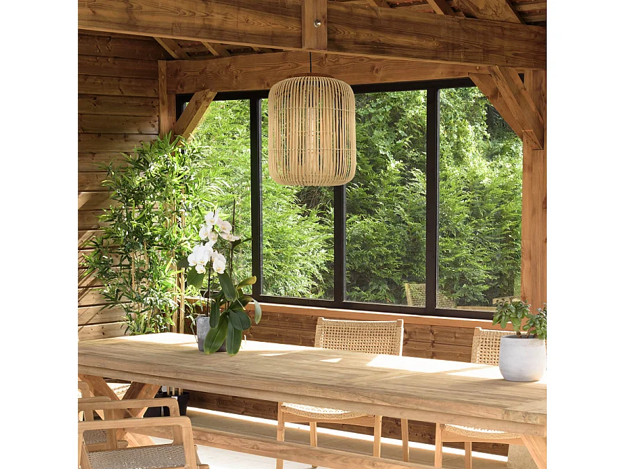 SIXTINE - Suspension 35x35cm bois de teck et rotin couleur naturelle