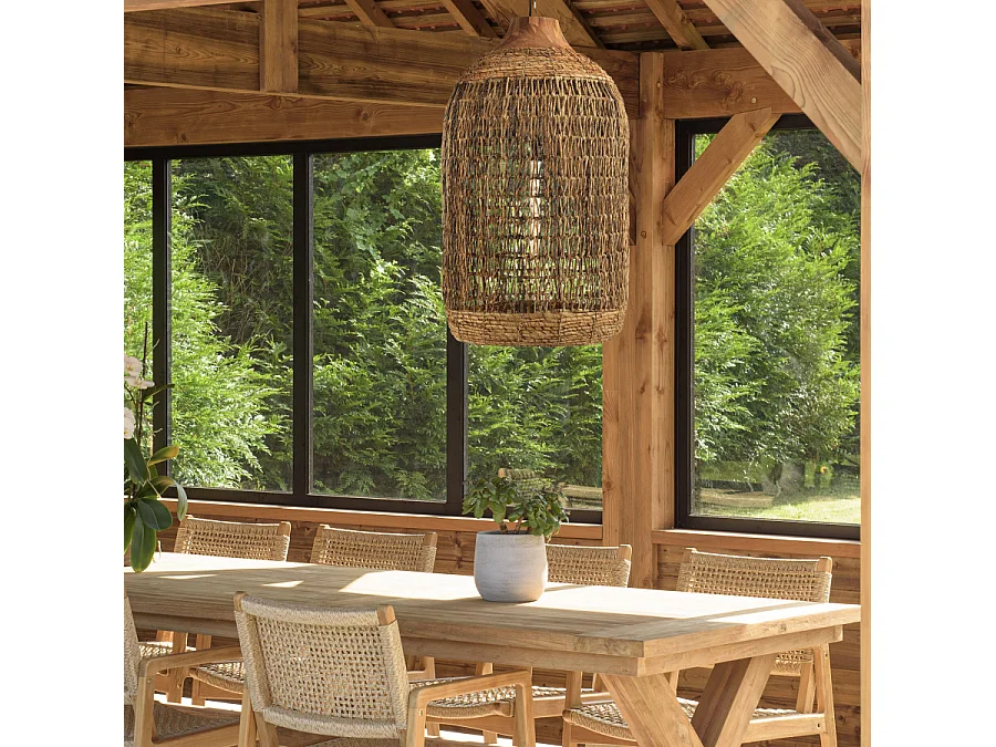 SIXTINE - Suspension 50x50cm en bois de teck recyclé et rotin beige