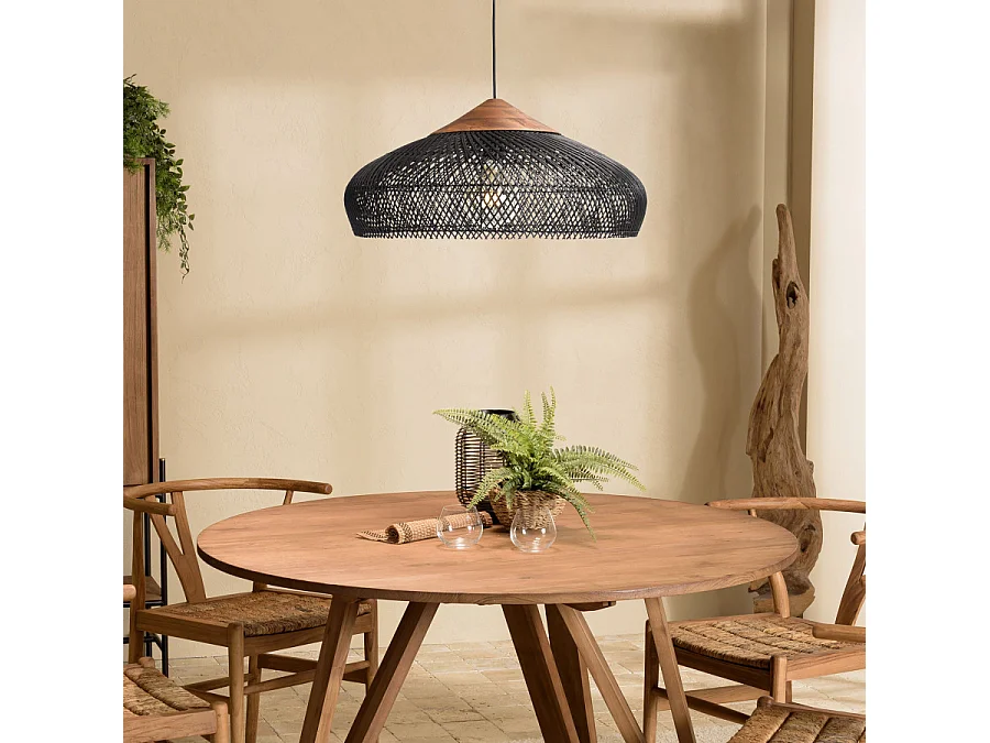 SIXTINE - Suspension 65x65cm en bois de teck recyclé et rotin noire