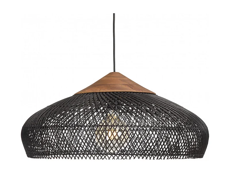 SIXTINE - Suspension 65x65cm en bois de teck recyclé et rotin noire