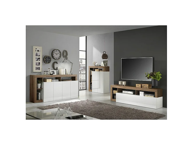 ARTURO - Ensemble Buffet 4P + Meubles TV et Bar Blanc Laqué Niches Aspect Chêne Mercure