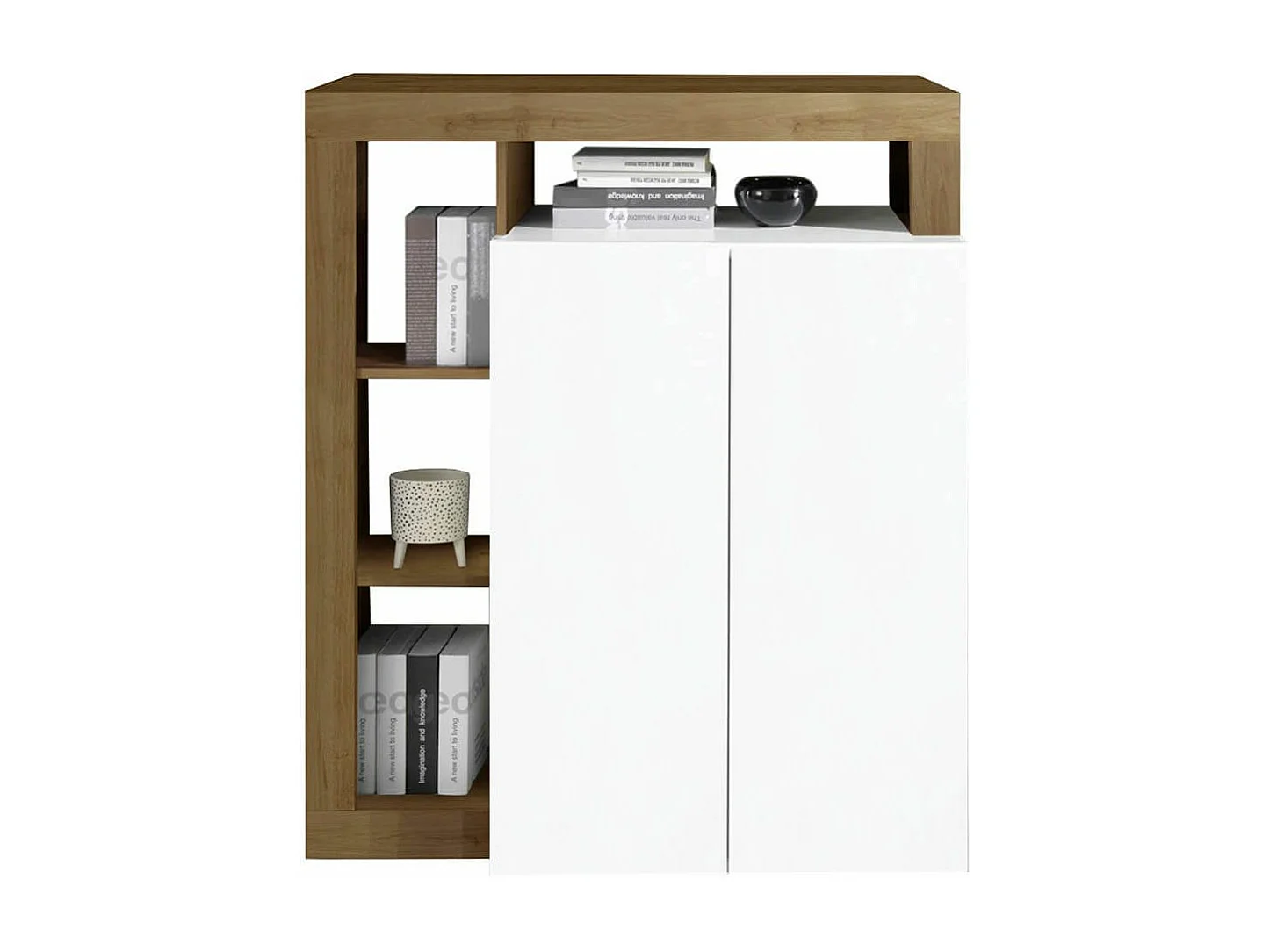 ARTURO - Ensemble Buffet 4P + Meubles TV et Bar Blanc Laqué Niches Aspect Chêne Mercure