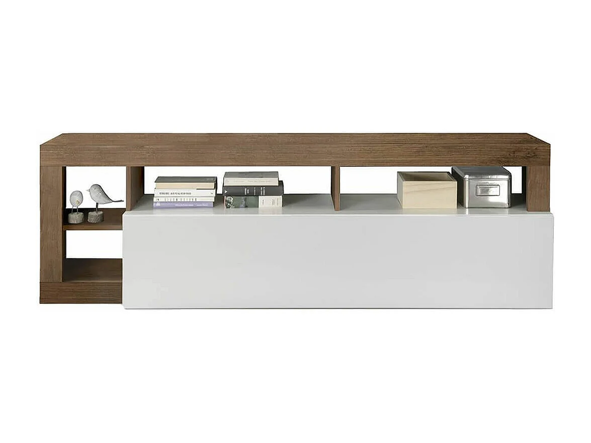 ARTURO - Ensemble Buffet 4P + Meubles TV et Bar Blanc Laqué Niches Aspect Chêne Mercure