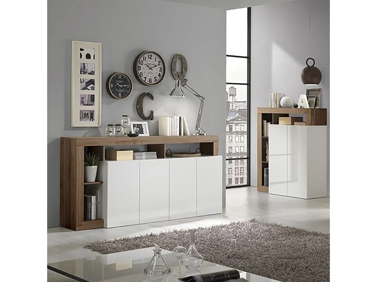 ARTURO - Ensemble Buffet 4P + Meubles TV et Bar Blanc Laqué Niches Aspect Chêne Mercure