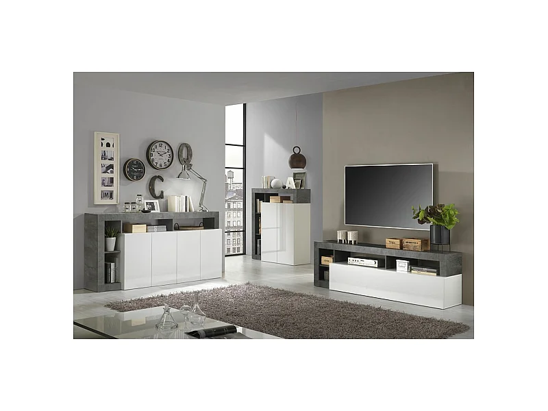 ARTURO - Ensemble Buffet 4P + Meubles TV et Bar Blanc Laqué Niches Aspect Oxyde