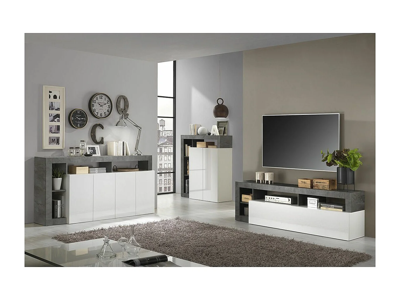 ARTURO - Ensemble Buffet 4P + Meubles TV et Bar Blanc Laqué Niches Aspect Oxyde