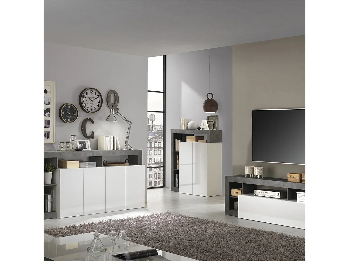 ARTURO - Ensemble Buffet 4P + Meubles TV et Bar Blanc Laqué Niches Aspect Oxyde
