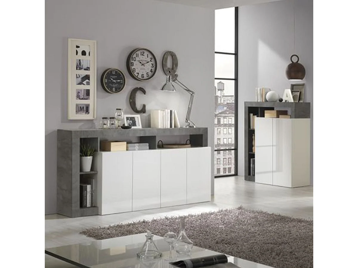 ARTURO - Ensemble Buffet 4P + Meubles TV et Bar Blanc Laqué Niches Aspect Oxyde