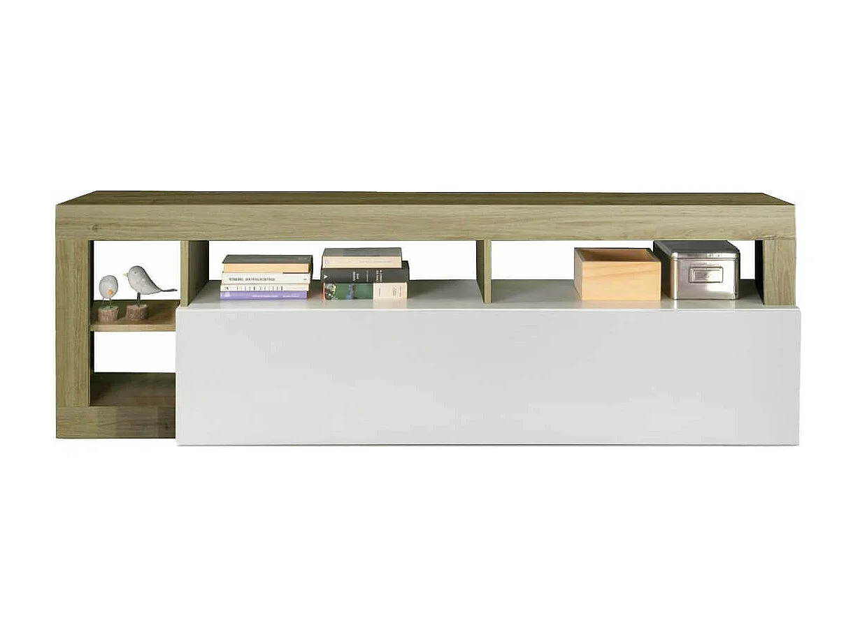 ARTURO - Ensemble Buffet 4P + Meubles TV et Bar Blanc Laqué Niches Aspect Bois Cadiz