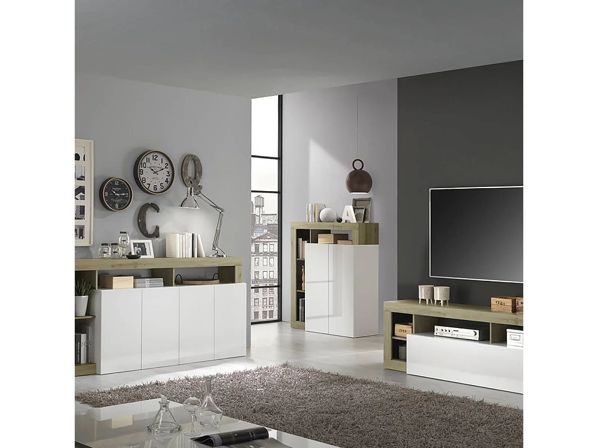 ARTURO - Ensemble Buffet 4P + Meubles TV et Bar Blanc Laqué Niches Aspect Bois Cadiz