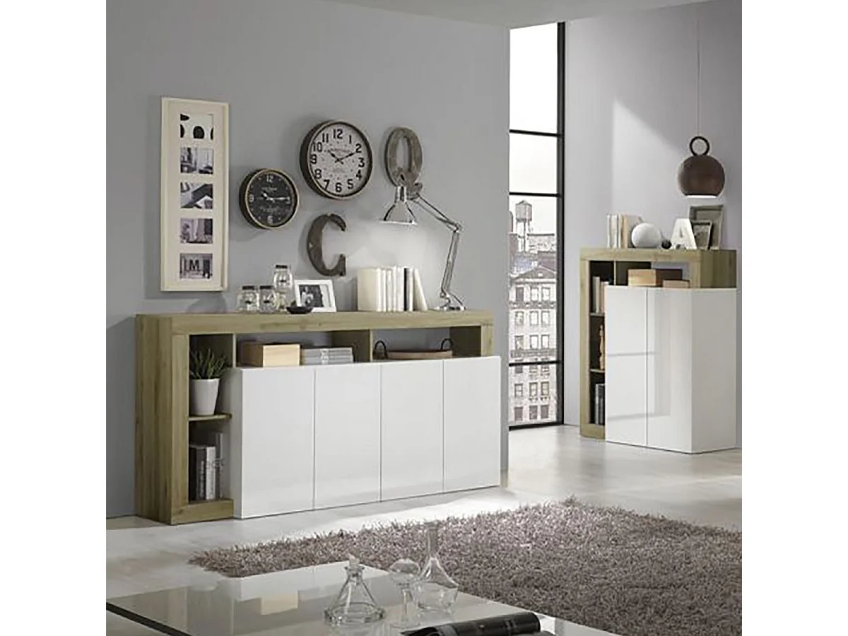 ARTURO - Ensemble Buffet 4P + Meubles TV et Bar Blanc Laqué Niches Aspect Bois Cadiz