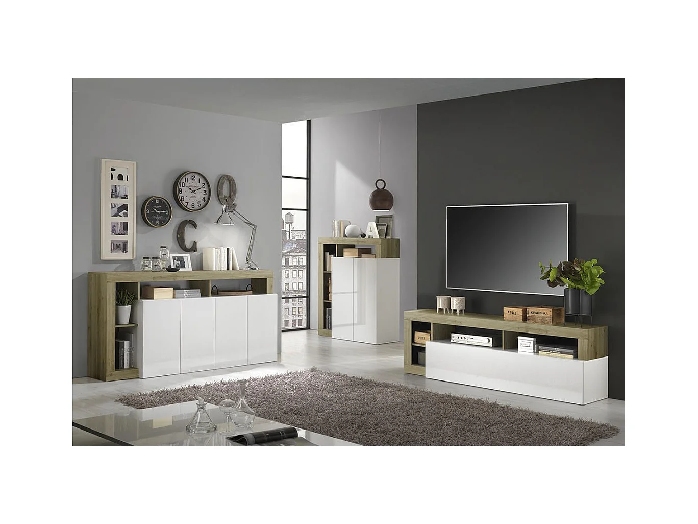 ARTURO - Ensemble Buffet 4P + Meubles TV et Bar Blanc Laqué Niches Aspect Bois Cadiz