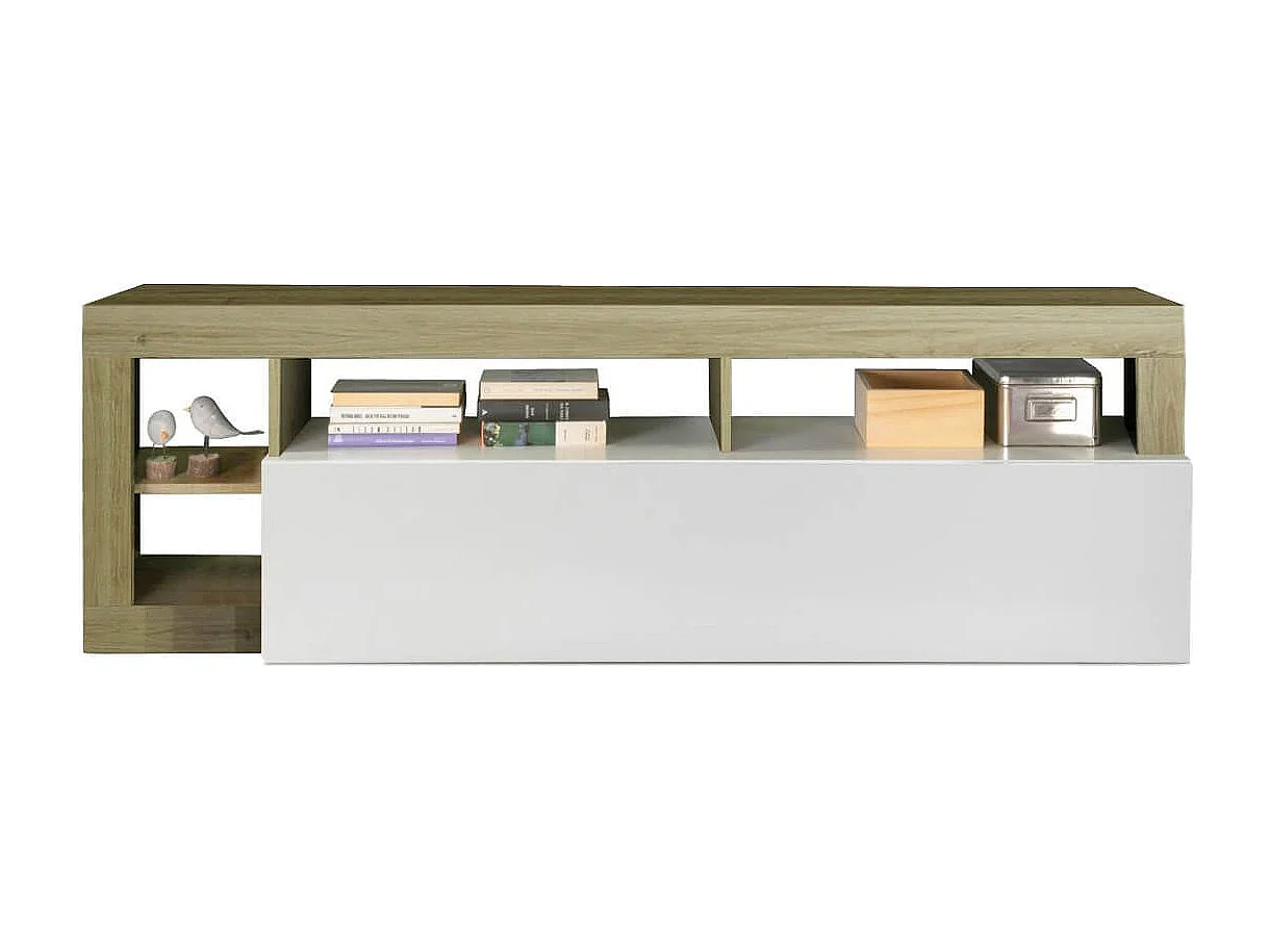 ARTURO - Ensemble Buffet 4P + Meubles TV et Bar Blanc Laqué Niches Aspect Bois Cadiz