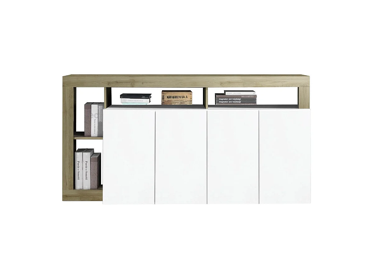 ARTURO - Ensemble Buffet 4P + Meubles TV et Bar Blanc Laqué Niches Aspect Bois Cadiz