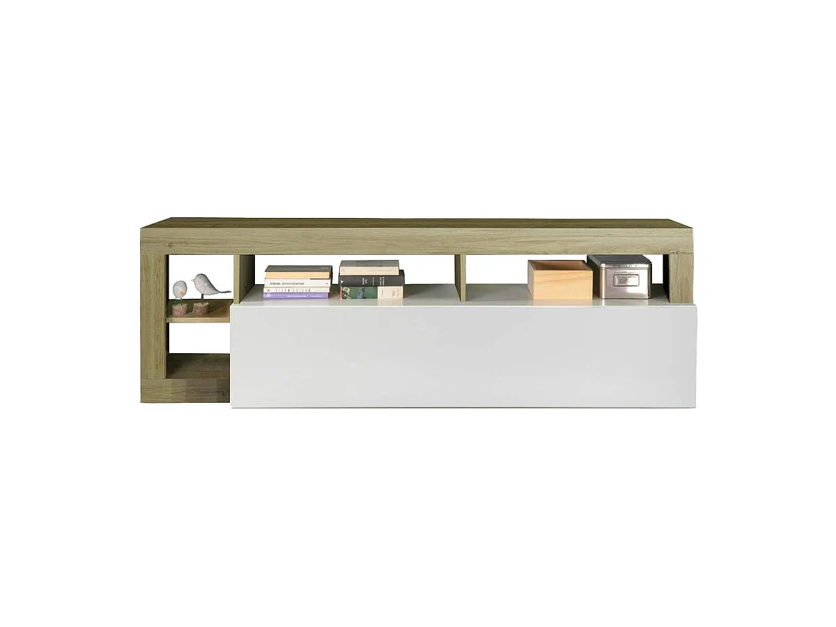 ARTURO - Ensemble Buffet 4P + Meubles TV et Bar Blanc Laqué Niches Aspect Bois Cadiz