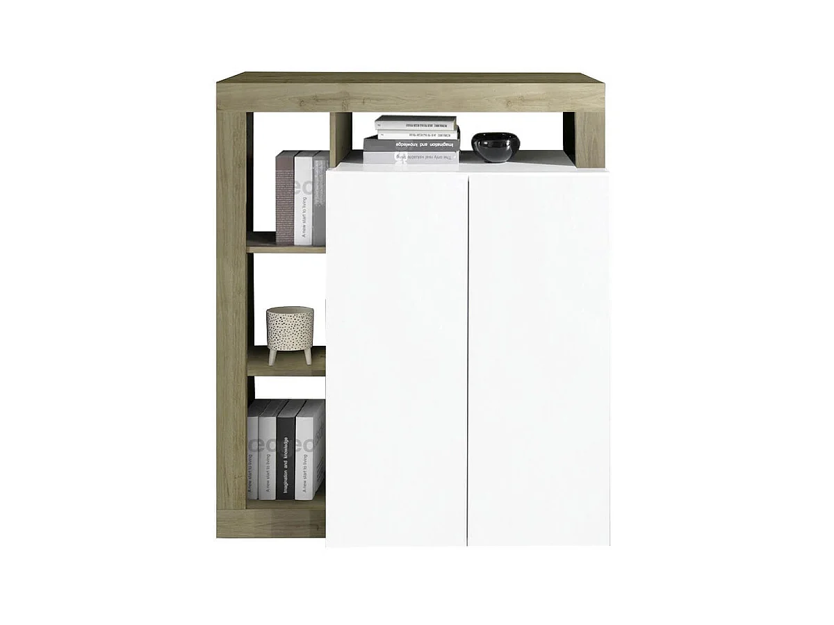 ARTURO - Ensemble Buffet 4P + Meubles TV et Bar Blanc Laqué Niches Aspect Bois Cadiz