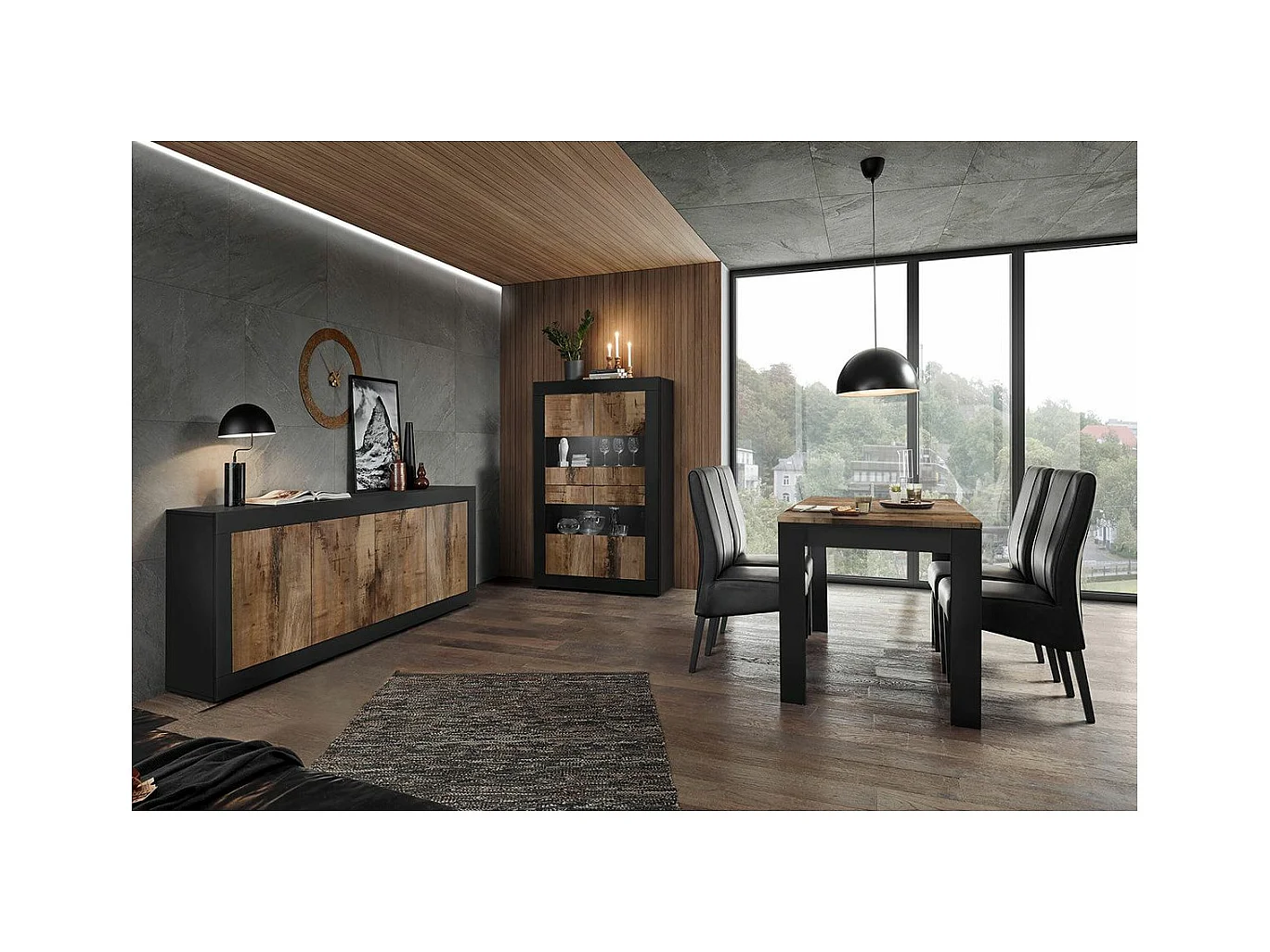 OTELLO - Ensemble Séjour avec Buffet 4 Portes Finition Noir Mat et Aspect Bois Antik