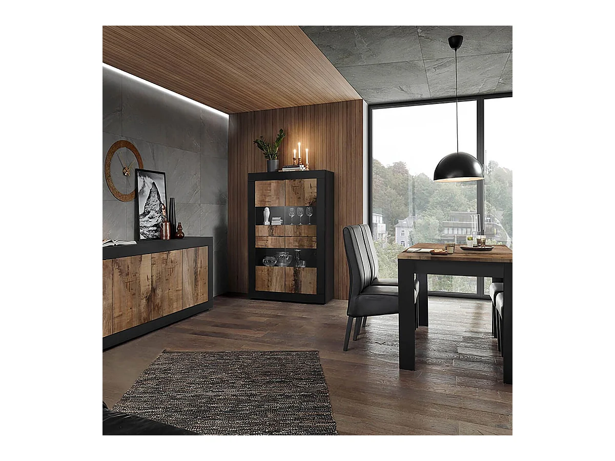 OTELLO - Ensemble Séjour avec Buffet 4 Portes Finition Noir Mat et Aspect Bois Antik
