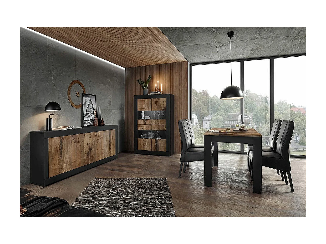 OTELLO - Ensemble Séjour avec Buffet 4 Portes Finition Noir Mat et Aspect Bois Antik