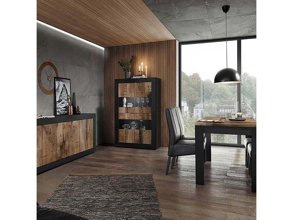 OTELLO - Ensemble Séjour avec Buffet 4 Portes Finition Noir Mat et Aspect Bois Antik