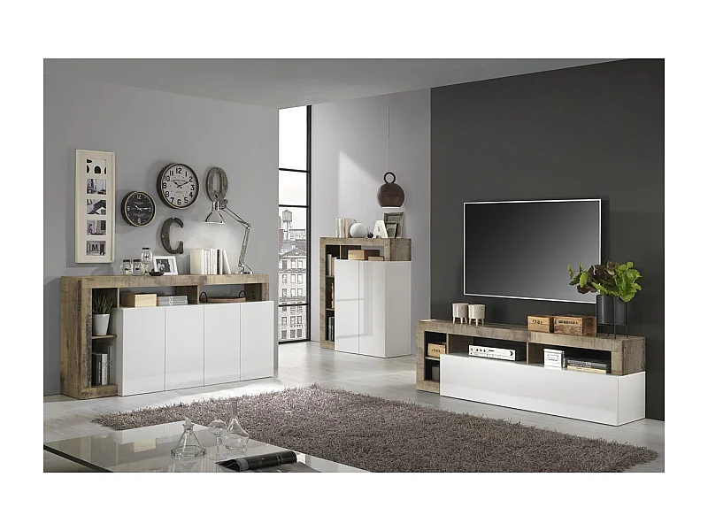 ARTURO - Ensemble Buffet 4P + Meubles TV et Bar Blanc Laqué Niches Aspect Bois Antik