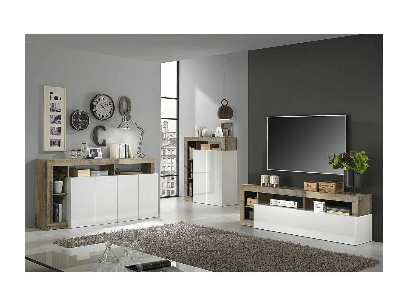 ARTURO - Ensemble Buffet 4P + Meubles TV et Bar Blanc Laqué Niches Aspect Bois Antik