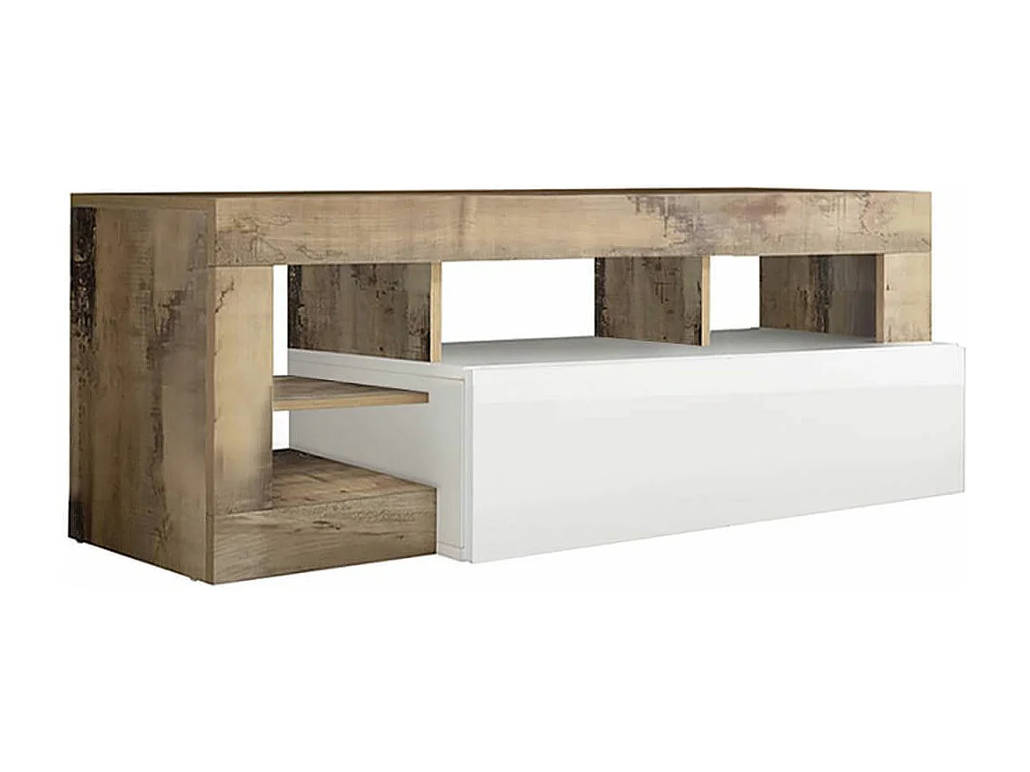 ARTURO - Ensemble Buffet 4P + Meubles TV et Bar Blanc Laqué Niches Aspect Bois Antik