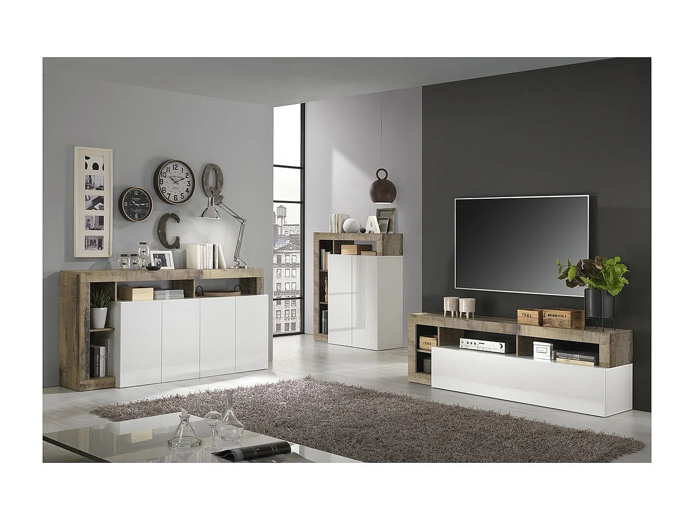 ARTURO - Ensemble Buffet 4P + Meubles TV et Bar Blanc Laqué Niches Aspect Bois Antik