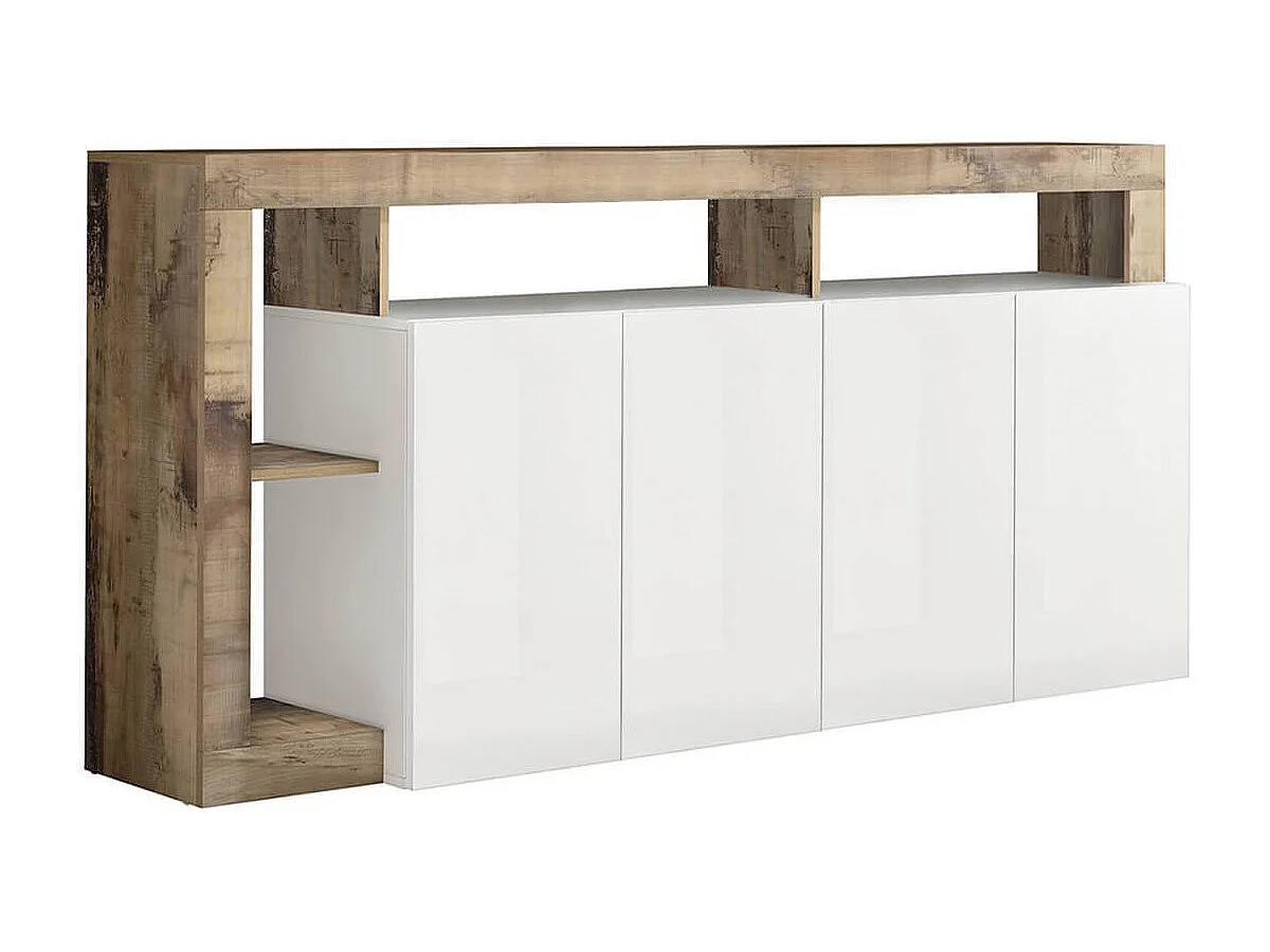 ARTURO - Ensemble Buffet 4P + Meubles TV et Bar Blanc Laqué Niches Aspect Bois Antik