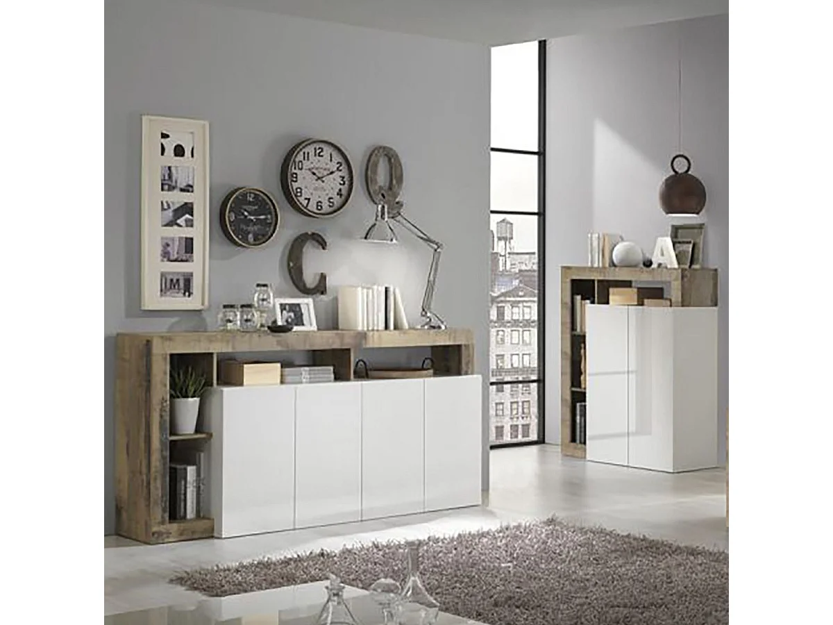ARTURO - Ensemble Buffet 4P + Meubles TV et Bar Blanc Laqué Niches Aspect Bois Antik