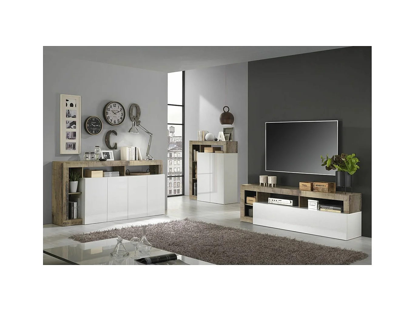 ARTURO - Ensemble Buffet 4P + Meubles TV et Bar Blanc Laqué Niches Aspect Bois Antik